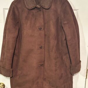 Lands’ End Sherpa-Lined coat featuring a brown faux suede.